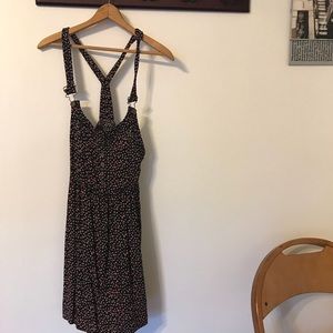 Vintage // Black with flower print overall dress